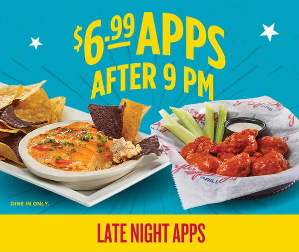 $6.99 apps after 9 pm. All week long. Dine in only. Excludes crab dip and crab pretzels.