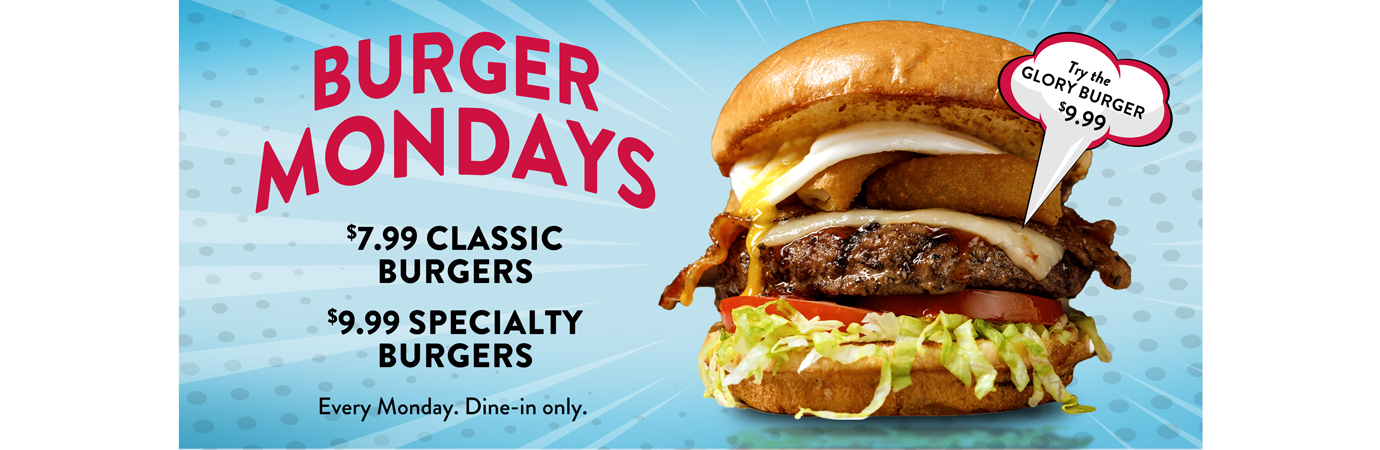 Classic Burgers $7.99 all day, every Monday