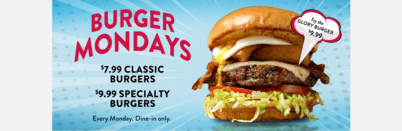 Burger Mondays. Classic Burgers $7.99. Upgrade to our Brisket-Short Rib Burger Blend or the Impossible Burger for $2 more. Specialty Burgers $9.99.