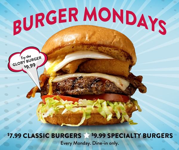 Burger Mondays. Classic Burgers $7.99. Upgrade to our Brisket-Short Rib Burger Blend or the Impossible Burger for $2 more. Specialty Burgers $9.99.