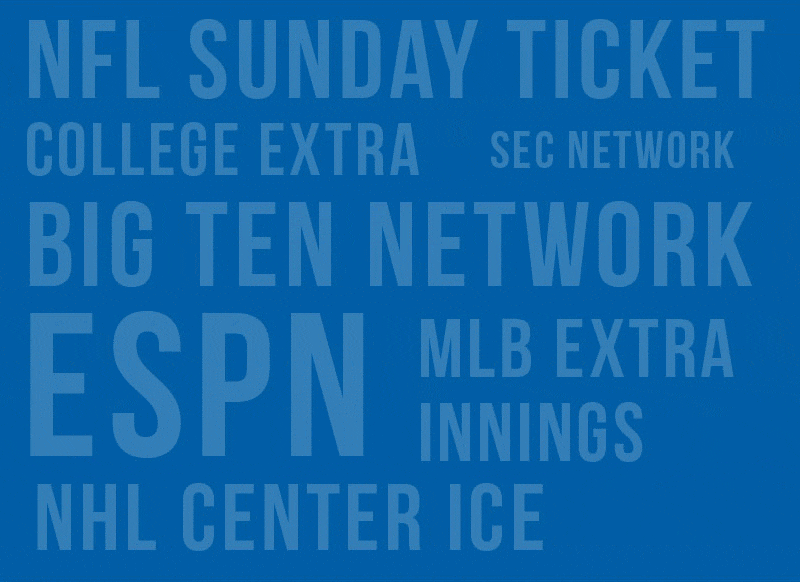 Glory Days Grill banner featuring all the sports television channels they feature in their restaurant and sports bar: NFL Sunday Ticket, College Extra, SEC Network, Big Ten Network, ESPN, MLB Extra Innings, NHL Center Ice