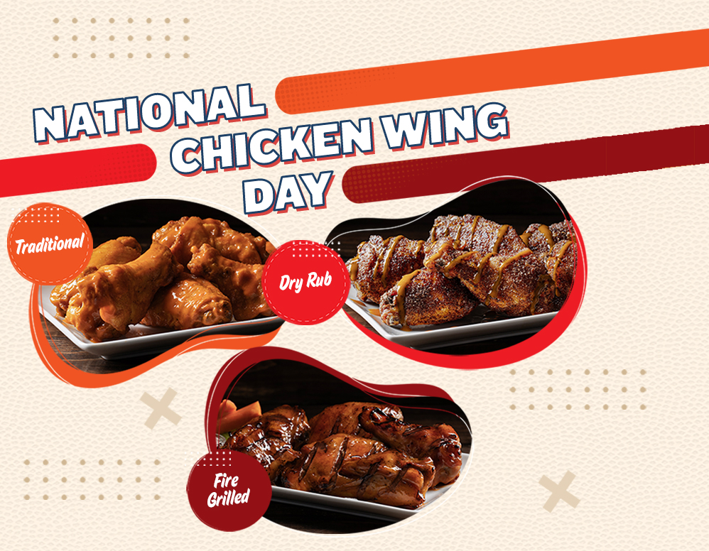 Three different styles of wings including traditional, dry rub and fire grilled