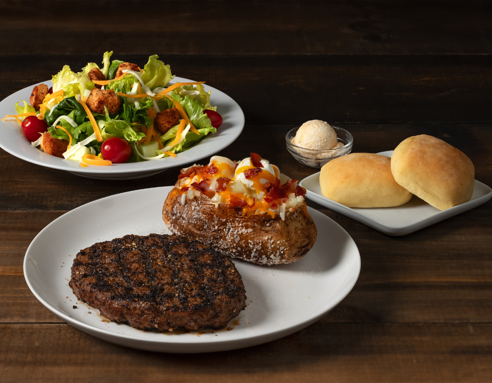 prime sirloin with side house salad and rolls
