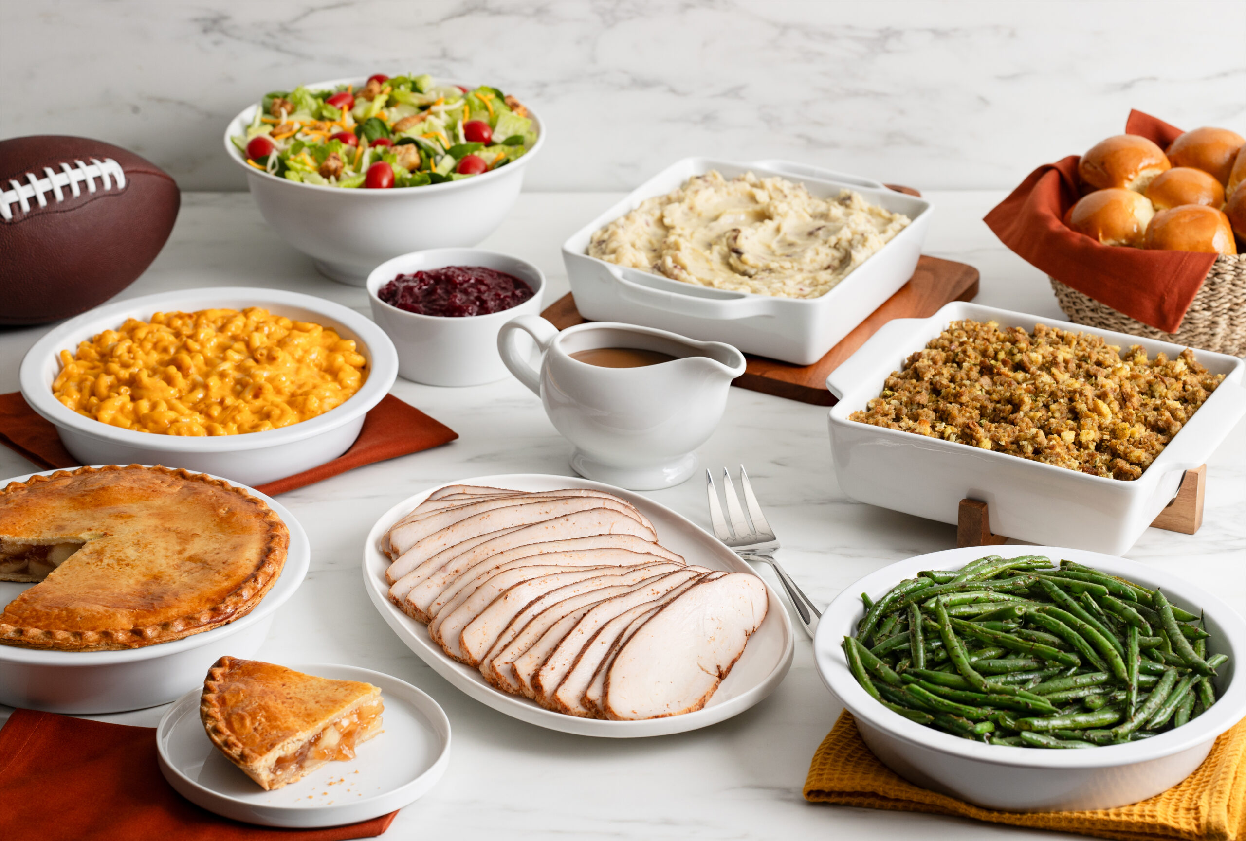 Thanksgiving Feast set up with turkey and sides