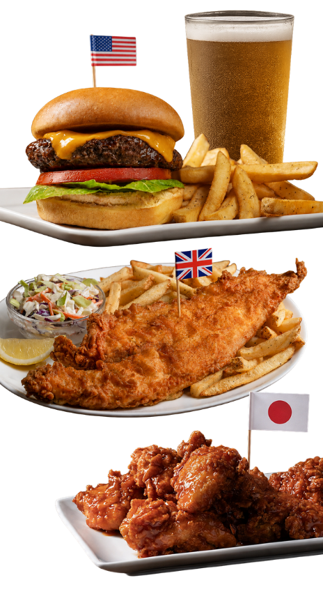 american cheeseburger, fish fry and boneless chicken wings